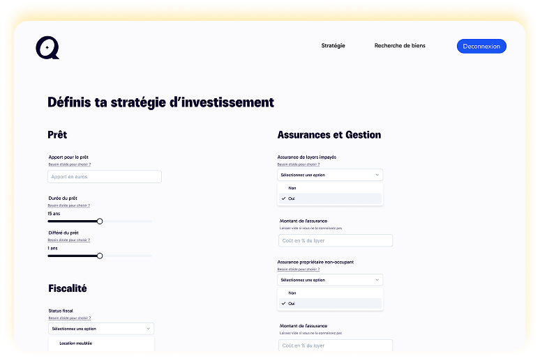Interface de l'application Qeevo - Définition de stratégie d'investissement